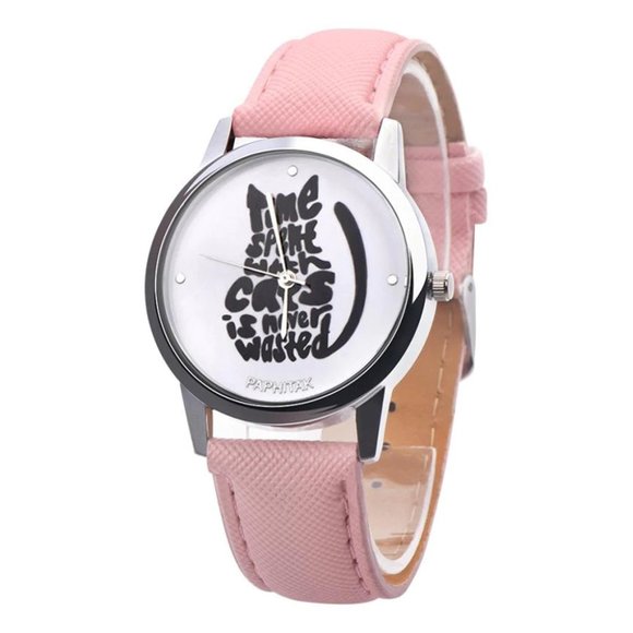 Cat Watch Pink Faux Leather Band Time Spent - Picture 1 of 1